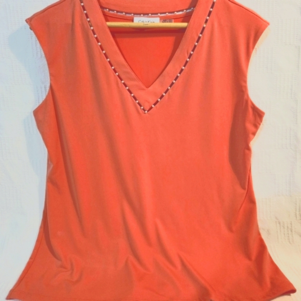 Calvin Klein Sleeveless Pearl Trim V-Neck Size Large
